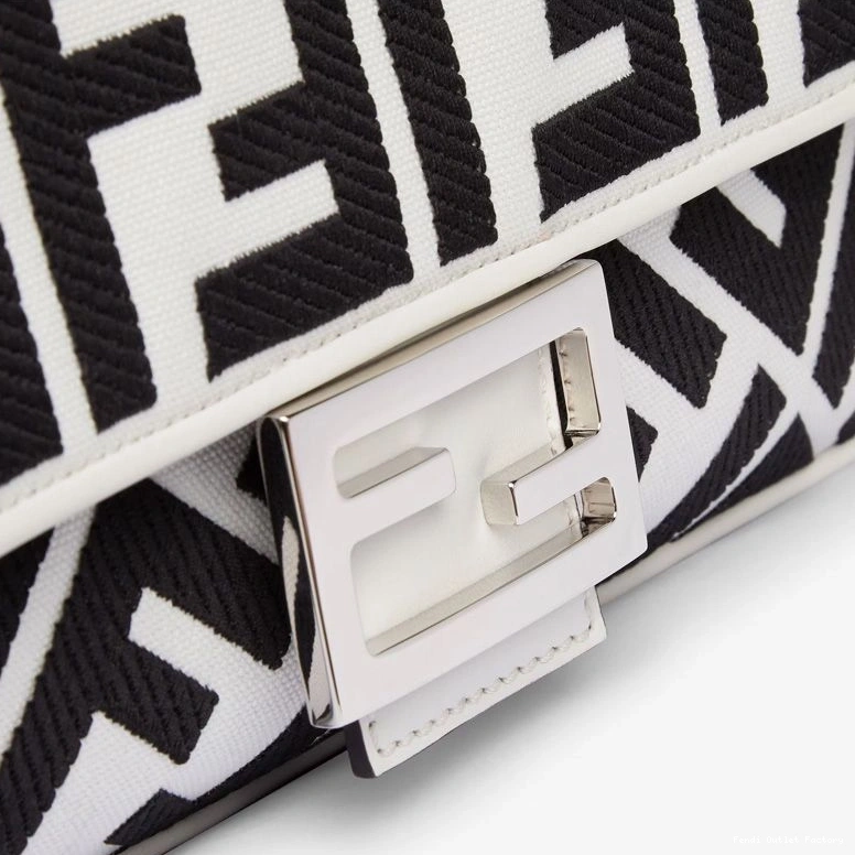 Affordable HOT FF Baguette Black White Fendi Medium Bag In Motif Canvas 0822